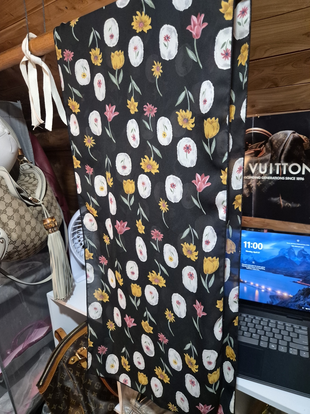 Black Floral Silk Scarf with Yellow and Pink Blooms